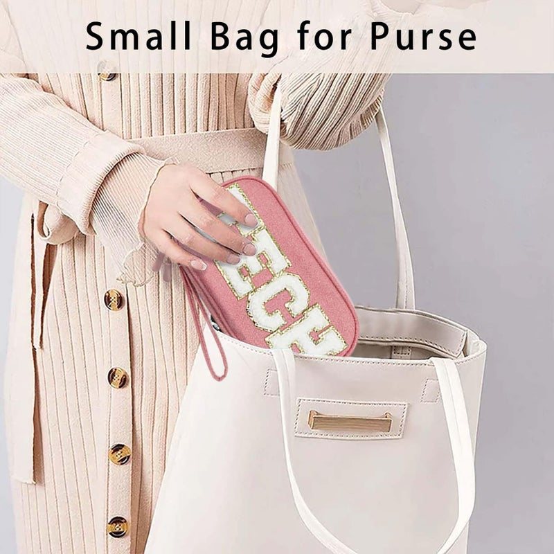COSHAYSOO Electronic Accessories Organizer Bag Cable Cord Charger Carrying Pouch with Preppy Chenille Letter Patch TECH  Business Travel Gadget Small Storage Case Essential for Women Teen Girl (Pink) - Image 5